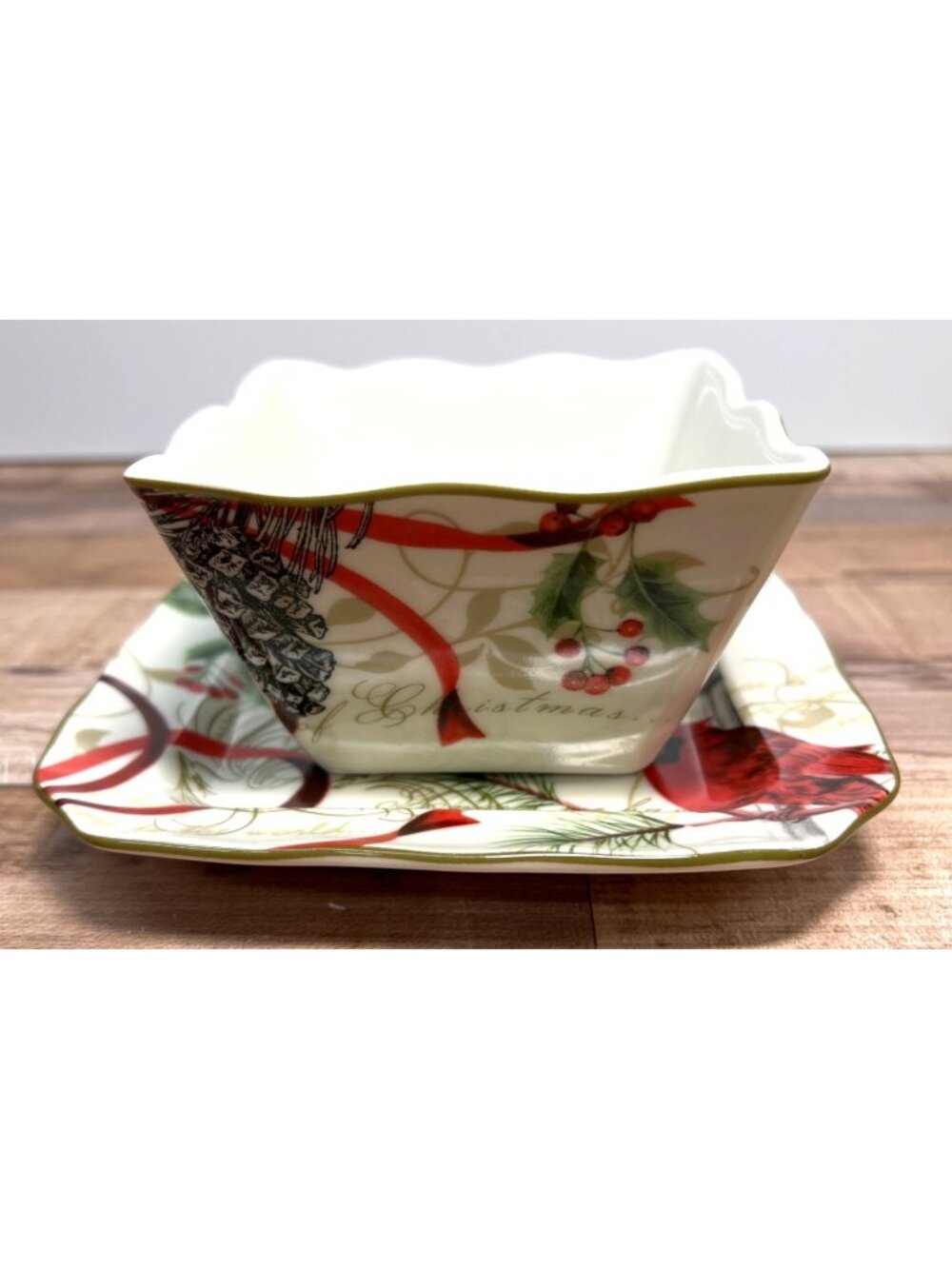 222 Fifth Winter Harmony Square Plate & Bowl Set Christmas Design Porcelain